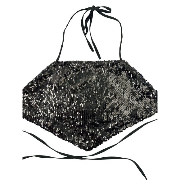 Black Sequin Halter Size M Top With Adjustable Ties By Forever 21 - Picture 1 of 5